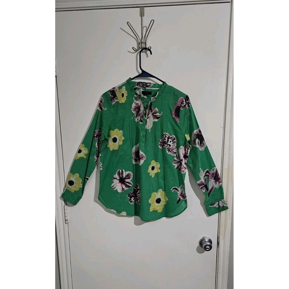 J. Crew Pleated Tunic Shirt Top Women's Sz S Green Coastal Beach Boho Chic Artsy